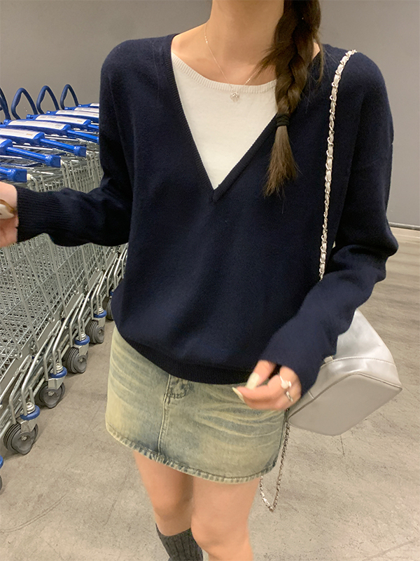 慵懒撞色假两件毛衣* 2 Colors