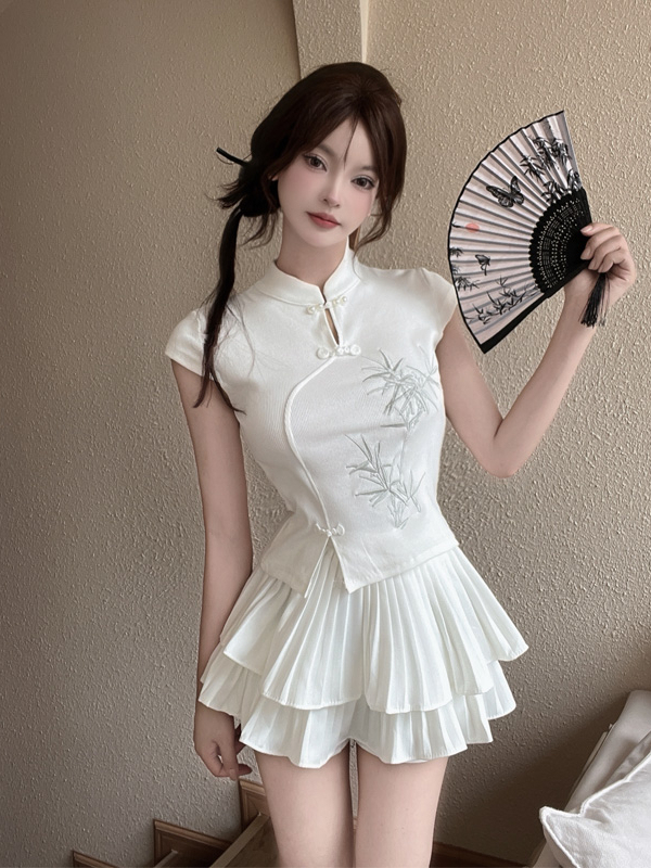 New Chinese Style Embroidered National Style Button Top Design Slimming Pleated Skirt Age-Reducing Workwear Two-Piece Set