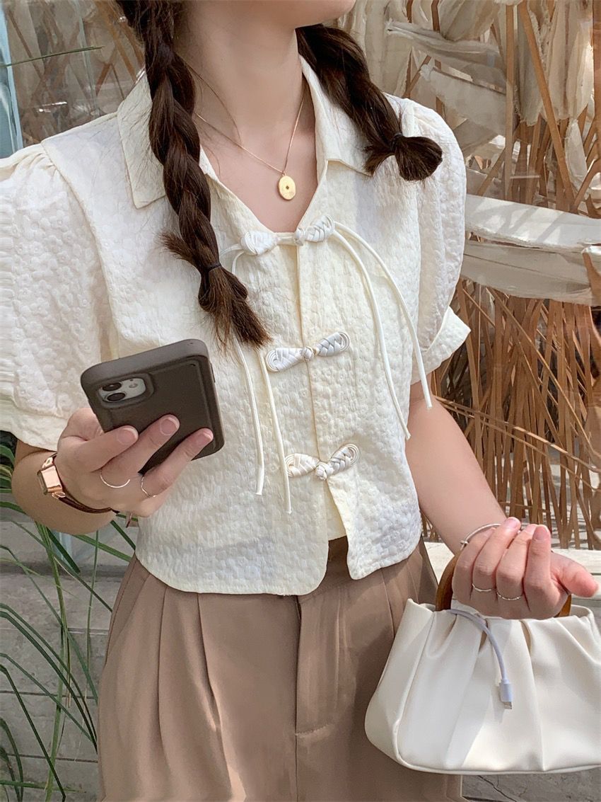 Retro Buckle Shirt Women's Clothing Puff Sleeve Top Design Sense Niche Summer New Style White French Short Sleeve Shirt