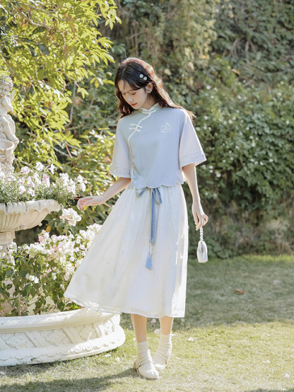 Spring and Summer Age-Reducing Embroidered Women's Republic of China Style Young Student Suit Half Sleeve Shirt Skirt Two-Piece Set 40