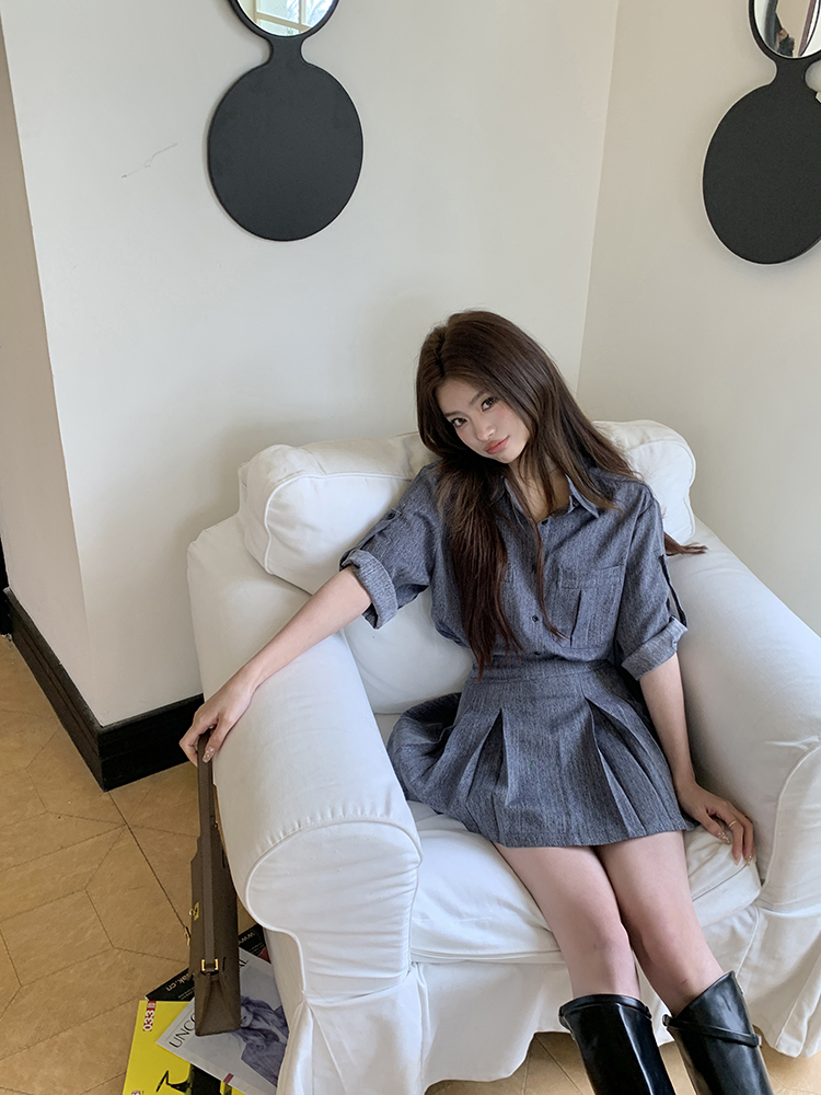 Commuter Faux Denim Shirt Top Women Niche Pleated Short Skirt Two-Piece Set 仿牛仔衬衫+百褶短裙两件套