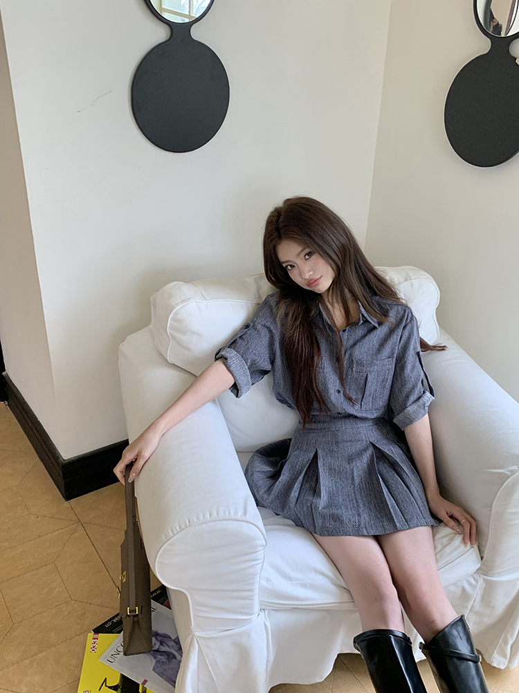 Commuter Faux Denim Shirt Top Women Niche Pleated Short Skirt Two-Piece Set 仿牛仔衬衫+百褶短裙两件套