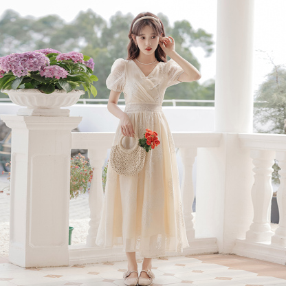 Beautiful Cheongsam Improved Young Girls' Retro New Chinese Style National Style Dress Fairy Dress 40 杏色绣花中式连衣裙
