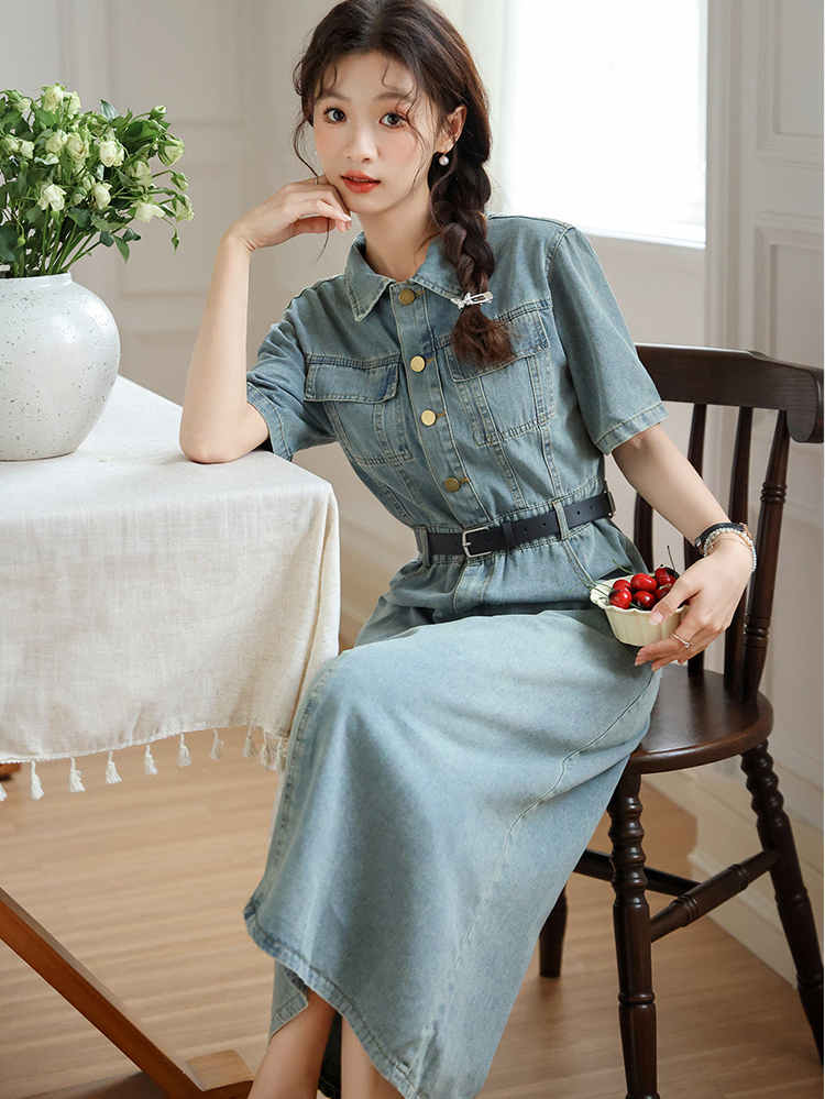 No Less than 138 Real Shot Spot Summer Long Denim Dress