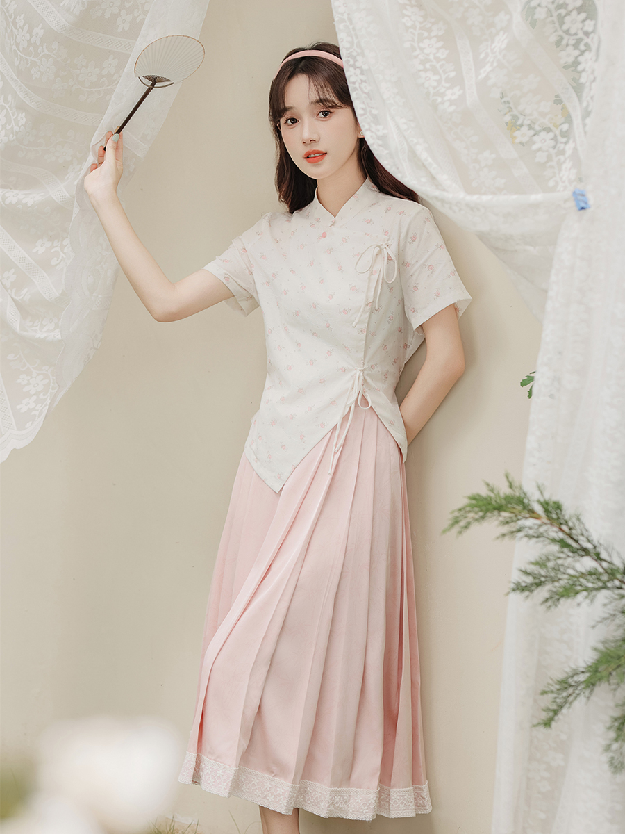 Chinese Style Pink Floral Stand Collar Shirt Tie Top Pink Bamboo Pattern Lace Half Skirt 粉色碎花衬衫+蕾丝半身裙两件套