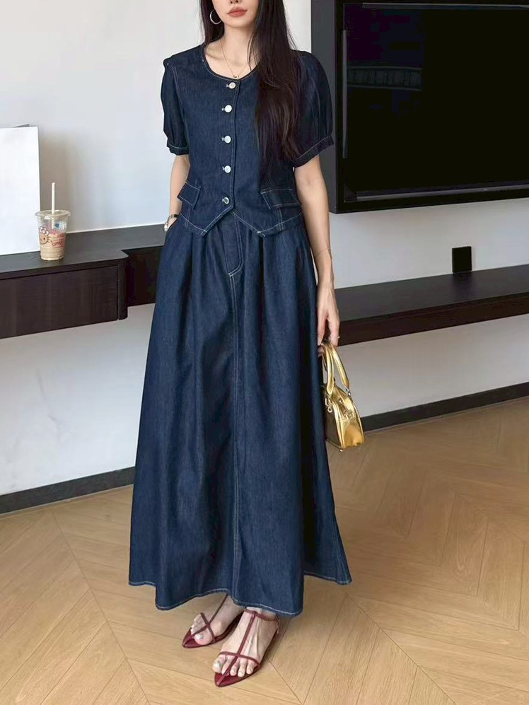 泡泡袖牛仔衬衫伞裙两件套*2 Colors