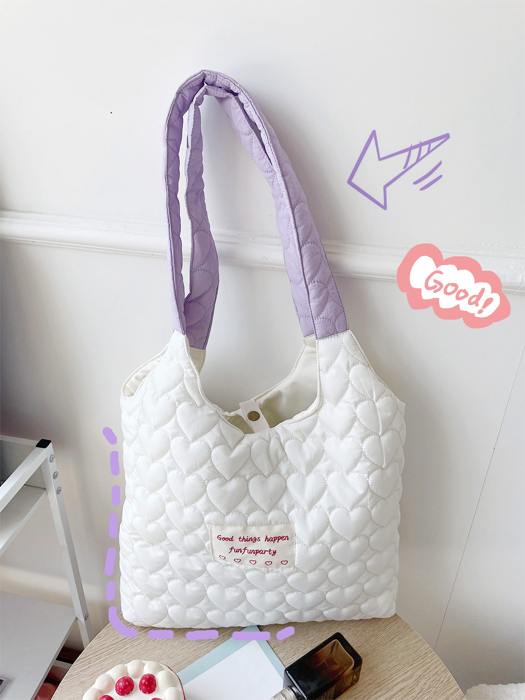 Creamy Quilted Heart Design Canvas Bag 奶油风爱心绗缝大容量学生包*3Colors