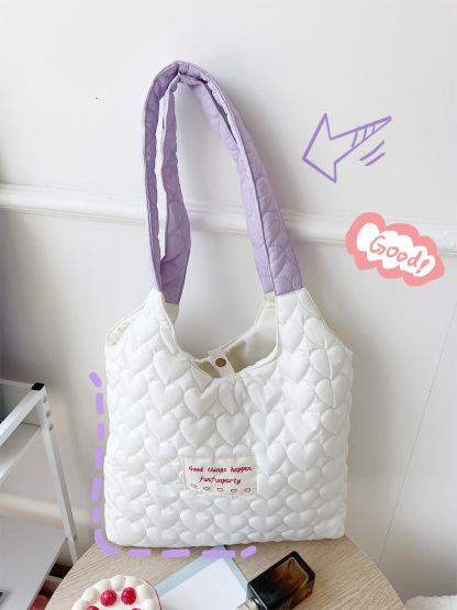Creamy Quilted Heart Design Canvas Bag 奶油风爱心绗缝大容量学生包*3Colors