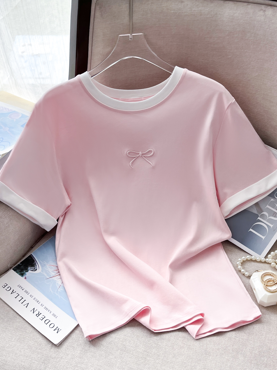 Starting Real Shot Spot ~ Summer New High Quality Refreshing Ice Cream Color Stitching Bow Embroidered Cotton T-shirt
