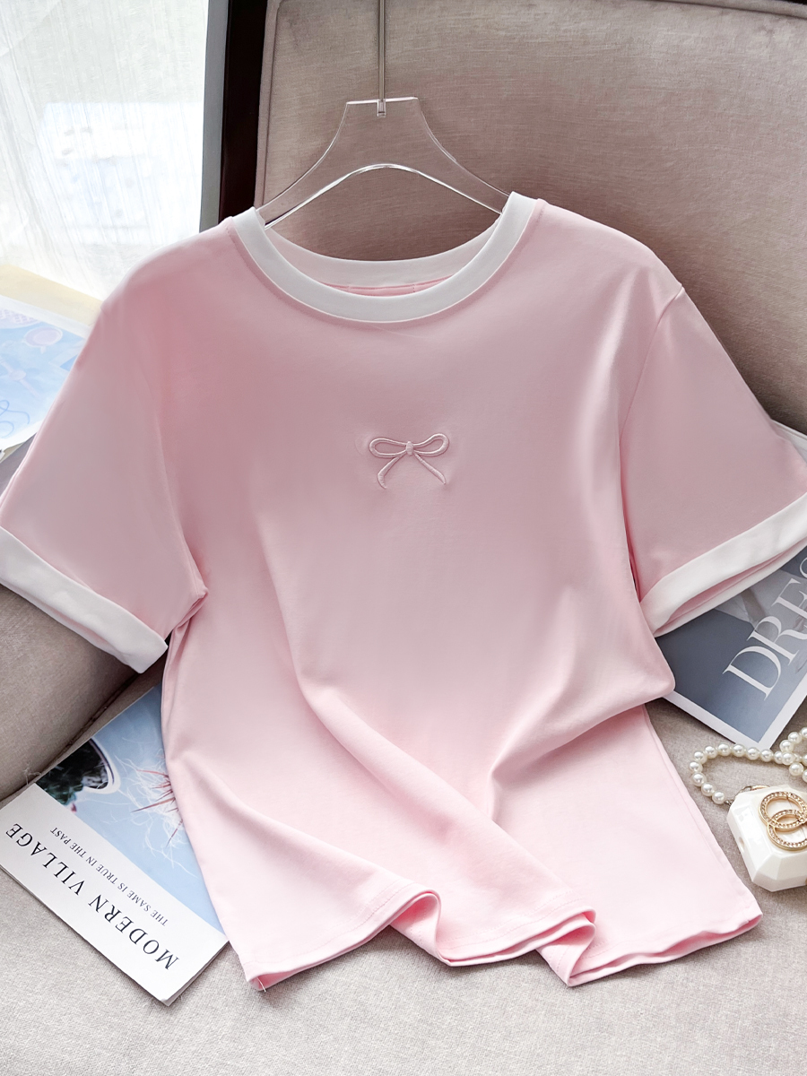 Starting Real Shot Spot ~ Summer New High Quality Refreshing Ice Cream Color Stitching Bow Embroidered Cotton T-shirt