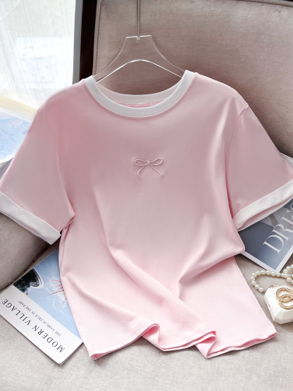 Starting Real Shot Spot ~ Summer New High Quality Refreshing Ice Cream Color Stitching Bow Embroidered Cotton T-shirt