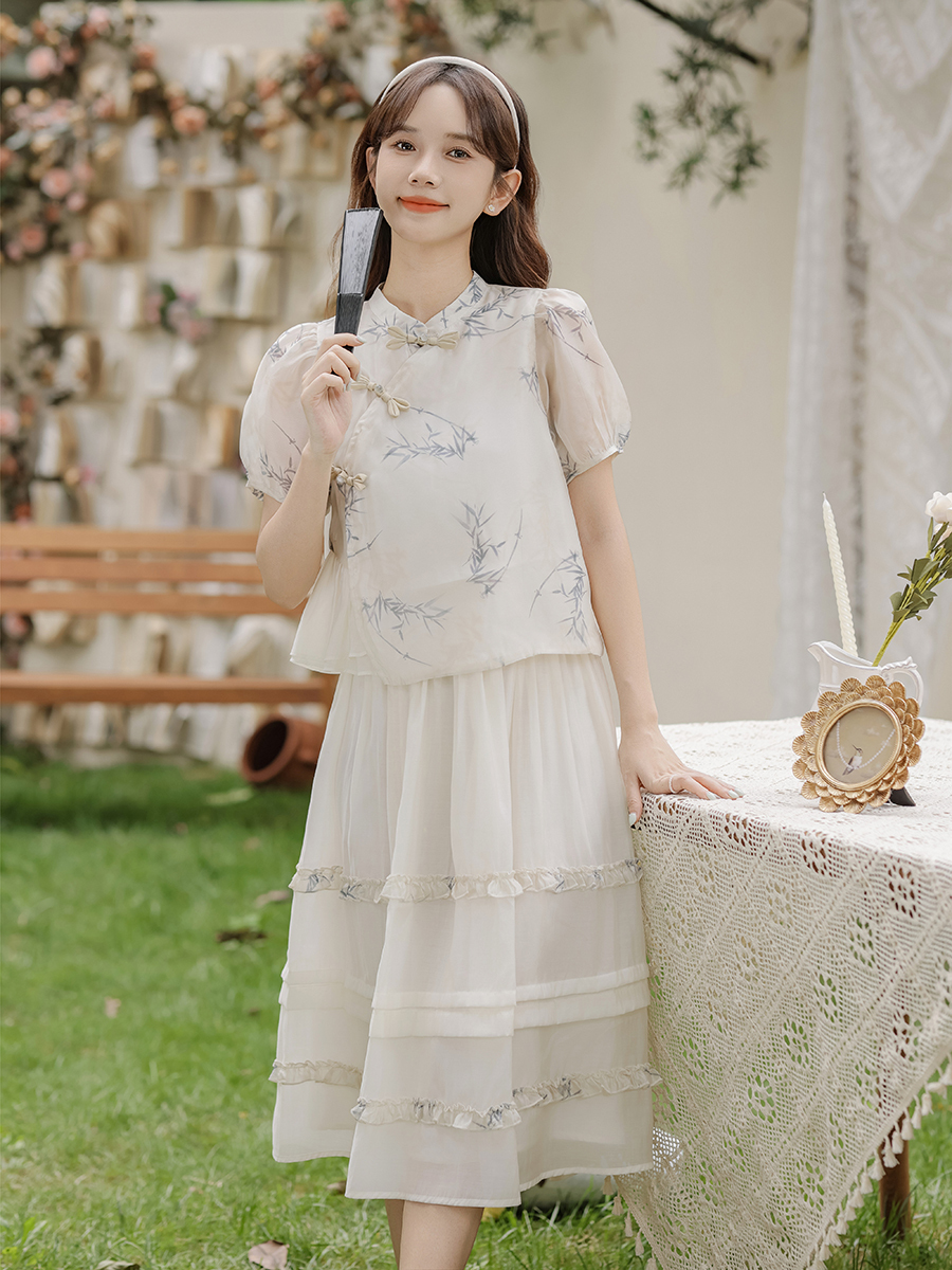 2024 New Women's Bamboo Shadow New Chinese Short-Sleeved Shirt High Waist Skirt Two-Piece Set 40