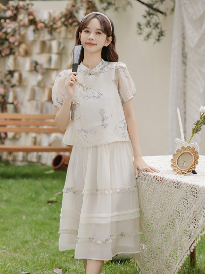 2024 New Women's Bamboo Shadow New Chinese Short-Sleeved Shirt High Waist Skirt Two-Piece Set 40