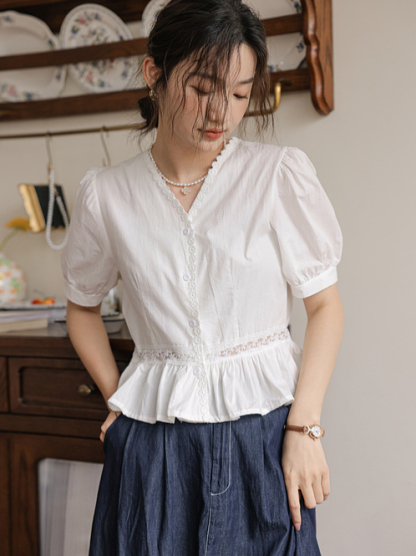 Real Shot French Style Square Neck Elegant Lace Short Sleeve Shirt 2024 Summer Slim Fit Waist Short Blouse Top