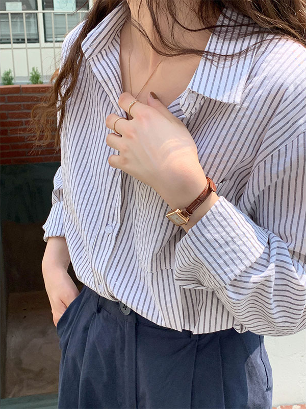 Casual Striped Long-Sleeve Blouse 治愈系女孩~经典条纹宽松长袖衬衫*3Colors