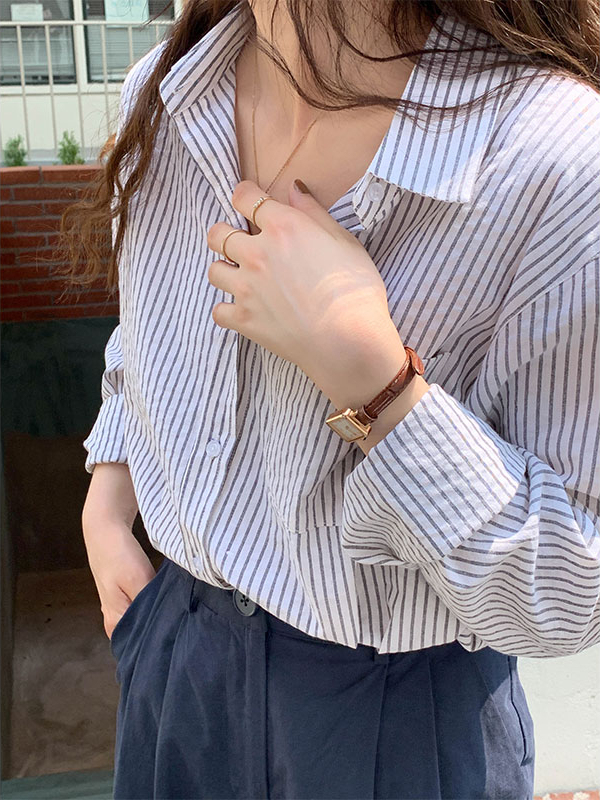 Casual Striped Long-Sleeve Blouse 治愈系女孩~经典条纹宽松长袖衬衫*3Colors