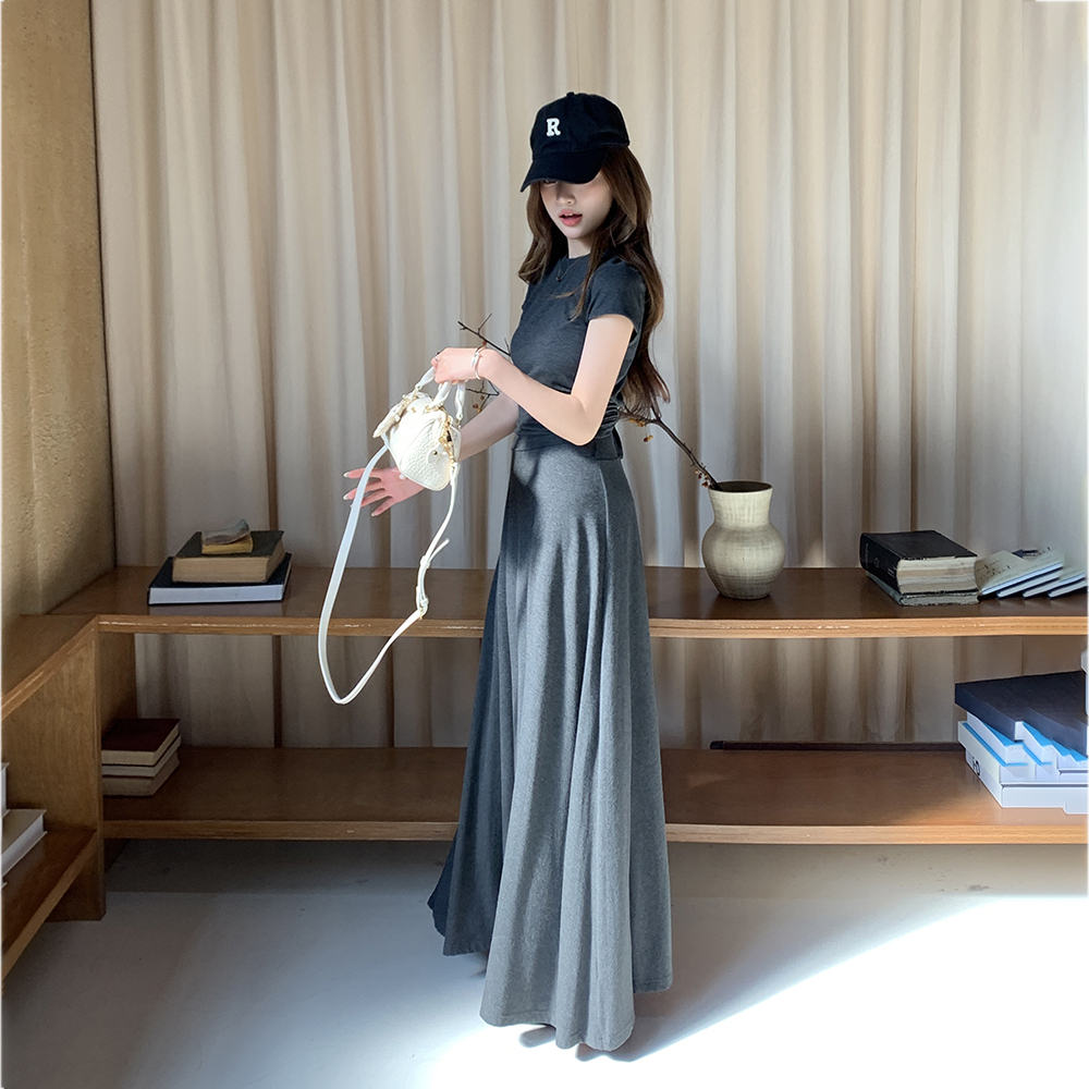 Real Shot 2025 Spring Summer New Loose Casual Solid Color Top Short Sleeve Skirt Long Skirt Women's Two-Piece Set