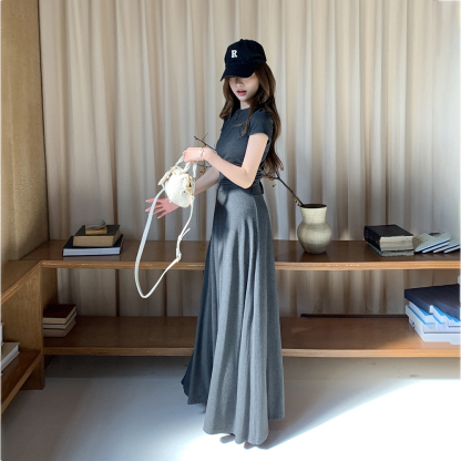 Real Shot 2025 Spring Summer New Loose Casual Solid Color Top Short Sleeve Skirt Long Skirt Women's Two-Piece Set