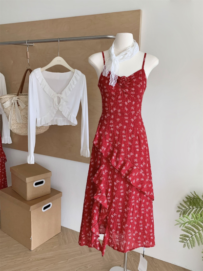 Q Girl's Home Undefined Floral Dress/French Style Stunning Red Spaghetti Strap Dress Irregular Slit Long Dress