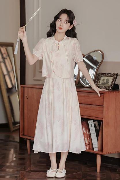 Pink Jade New Chinese Style Suit 2024 Summer New National Style Buckle Shirt A- line Skirt 40 in Stock