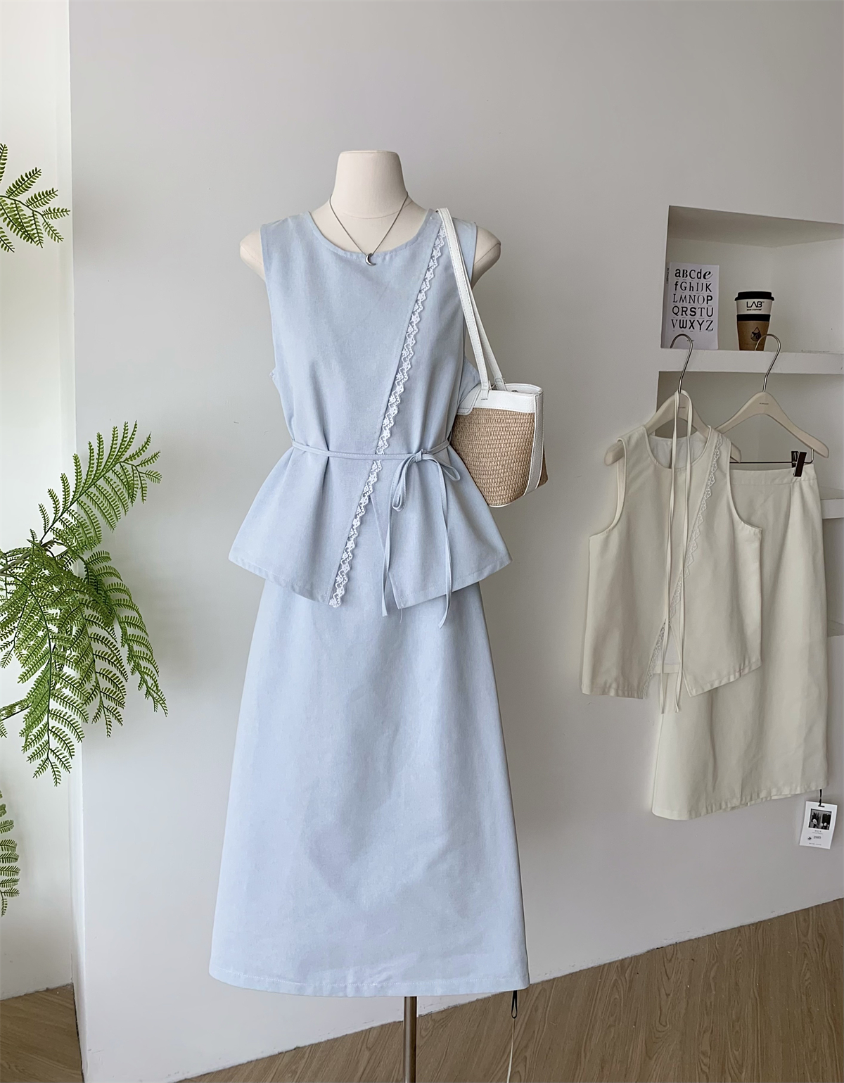 2025 Spring/Summer New Korean Style Elegant Lace Trim Sleeveless Top + High Waist Skirt Two-Piece Set for White Collar Workers