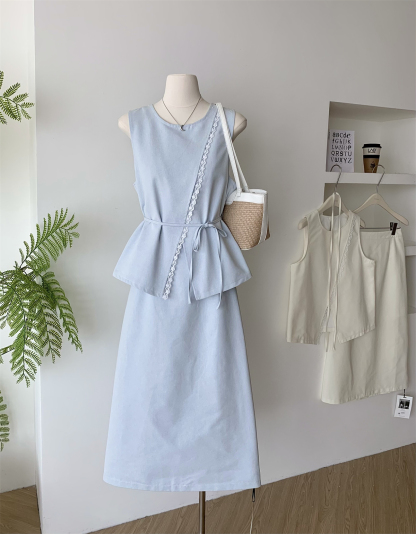 2025 Spring/Summer New Korean Style Elegant Lace Trim Sleeveless Top + High Waist Skirt Two-Piece Set for White Collar Workers