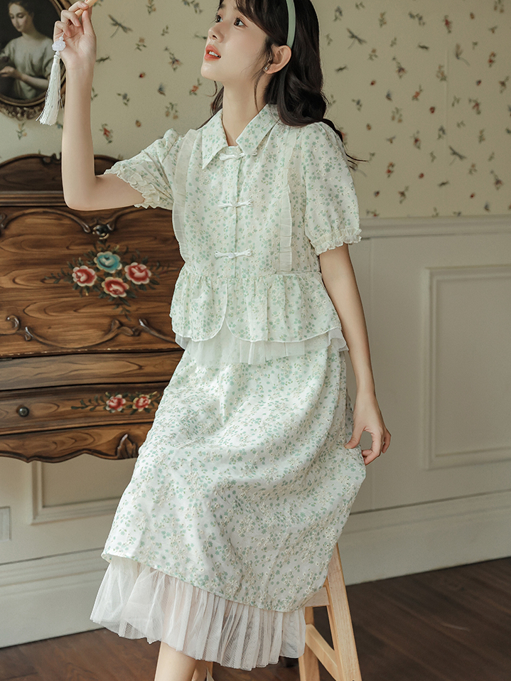 Green Shivering Embroidery Suit New Chinese Style Puff Sleeve Top Women's Fresh Sweet Skirt Price Limit 40