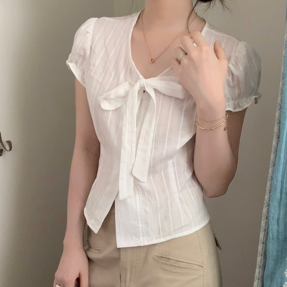  Bow-Tie Puff Sleeve Top 气质系带泡泡袖上衣*2 Colors