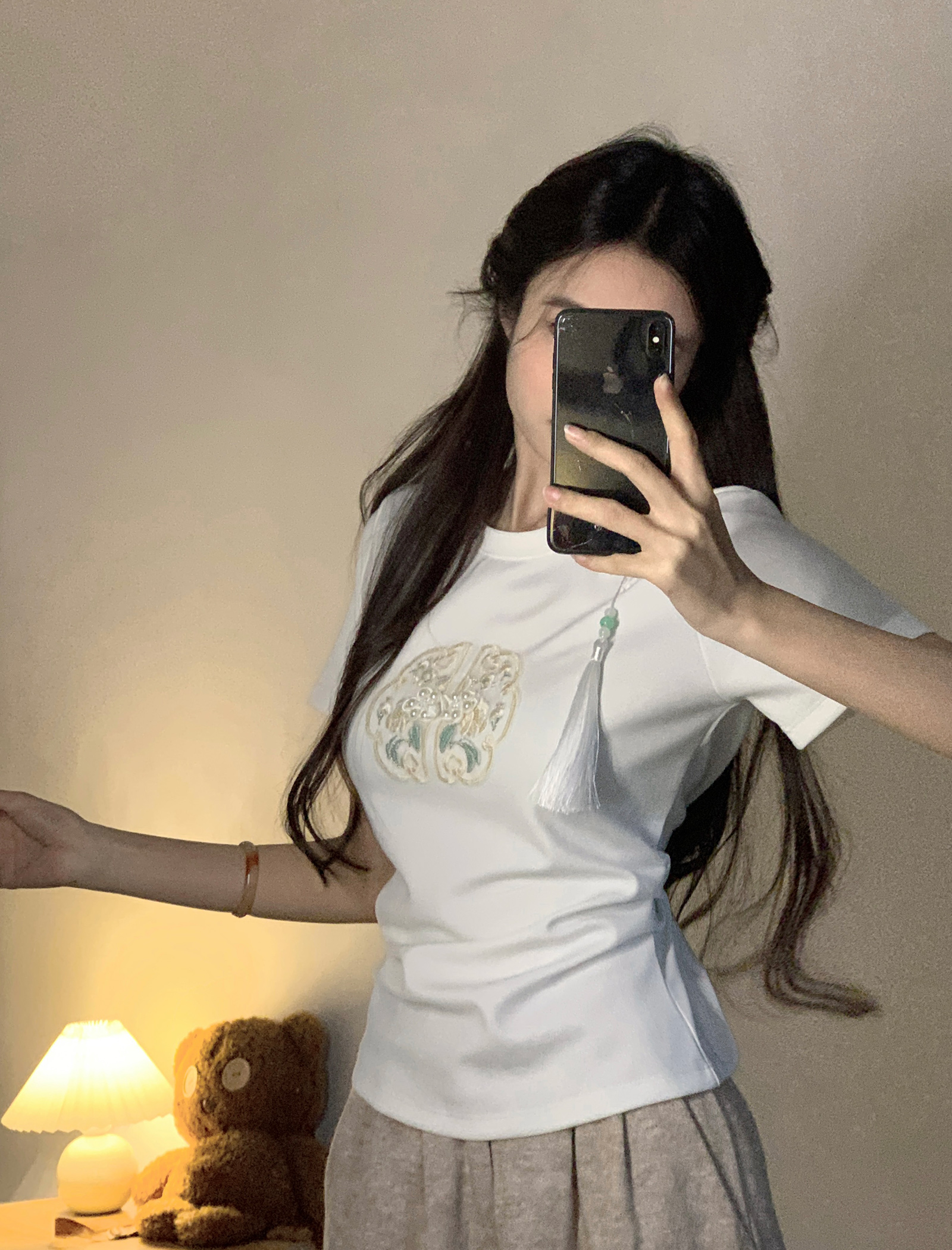 Real Shot New Chinese Style Rayon Air Layer 210g Short Sleeve T-Shirt for Women Summer Embroidery Slim Fit Regular Shoulder Short Round Neck Top