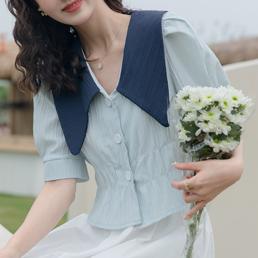 法式复古大翻领短款衬衫* 2 Colors