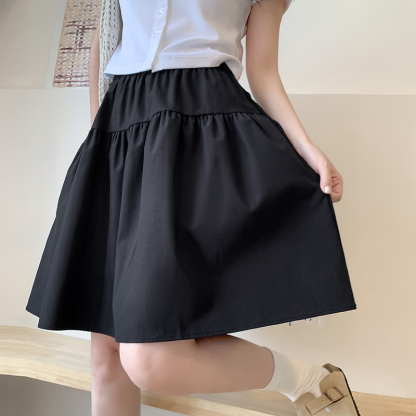Real Shot Summer Japanese Style Thin Versatile Slimming Navy Blue Loose Wide Hem Five-Point Skirt Short Skirt Half Skirt for Women