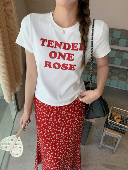 Real Shot Real Price Summer 2025 New Round Neck Slim Fit Slimming Regular Shoulder Short Sleeve T-Shirt Women Letter Print Top