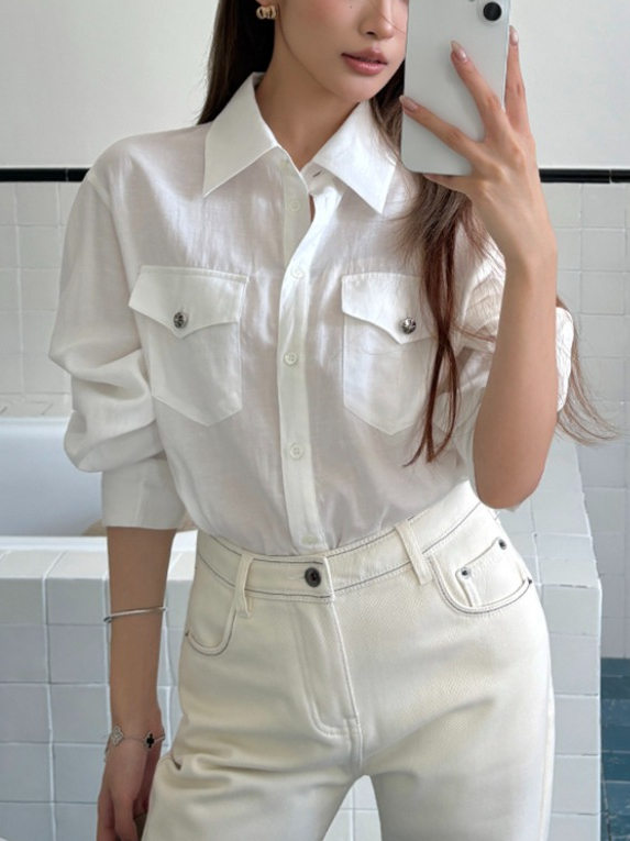 竹天丝口袋薄款衬衫 bamboo tencel long-sleeved shirt for women