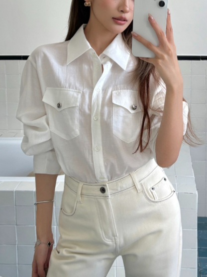 竹天丝口袋薄款衬衫 bamboo tencel long-sleeved shirt for women