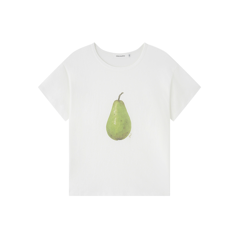 2025 Summer Versatile Casual Short Sleeve Top for Women Korean Style Round Neck Simple Pear Print T-Shirt