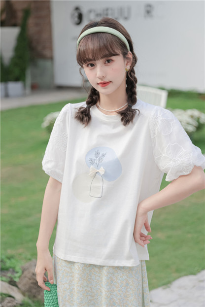 Floral Patterned Puff Sleeve Tee 植物印花泡泡袖T恤*2 Colors