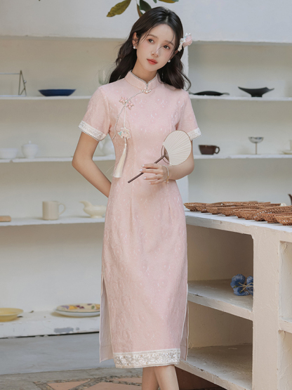 暮晚尘香刺绣边长款旗袍