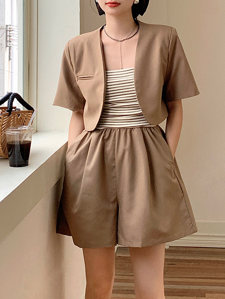 Two-Piece French Style Striped Jumpsuit 法式条纹拼接连体裤两件套