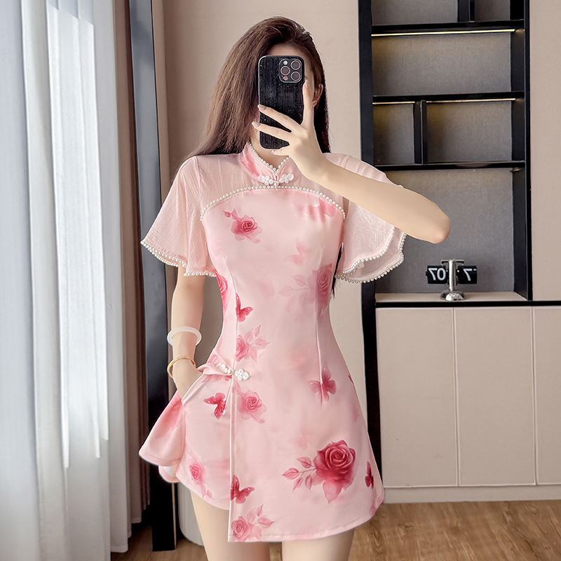 Real Shot New Elastic Improved Cheongsam New Gentle Youthful Style Elegant High-End Girl Petite Set