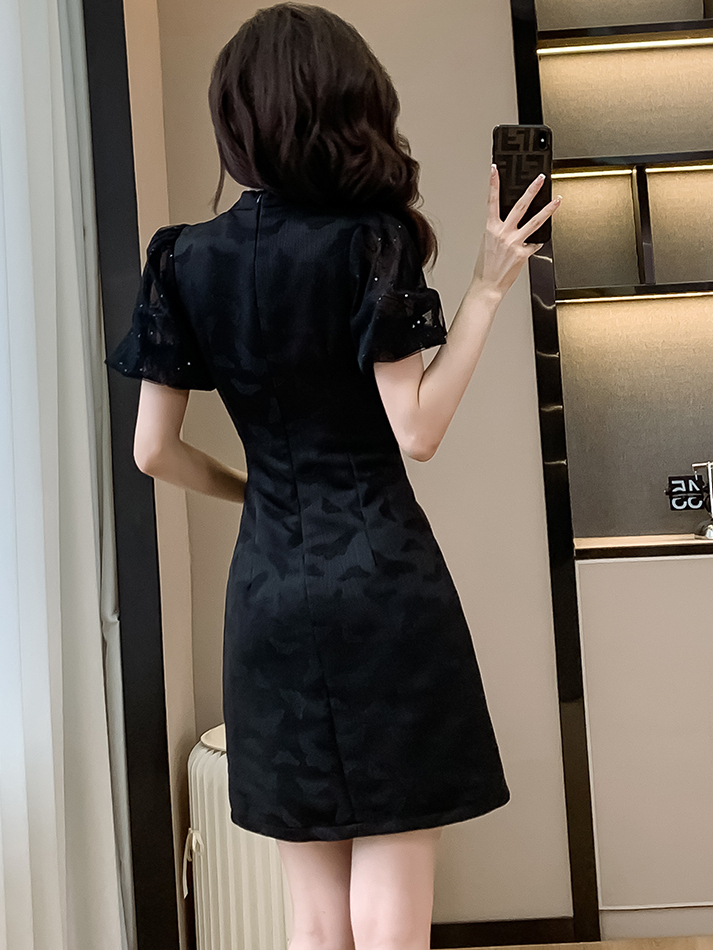 提花泡泡袖旗袍连衣裙*2 Colors