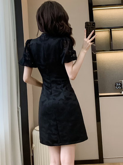 提花泡泡袖旗袍连衣裙*2 Colors