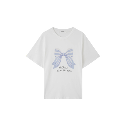 Real Shot Stylish Bowknot Print Casual Loose T-Shirt for Women Summer Retro Versatile Casual Top 2025 New Model