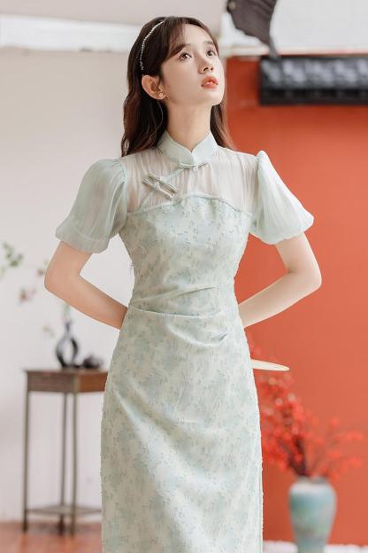 Uragiri Yarn Mint Mambo Style New Chinese Improved Cheongsam Dress Green Fake Two Pieces Girl Cheongsam Skirt 40