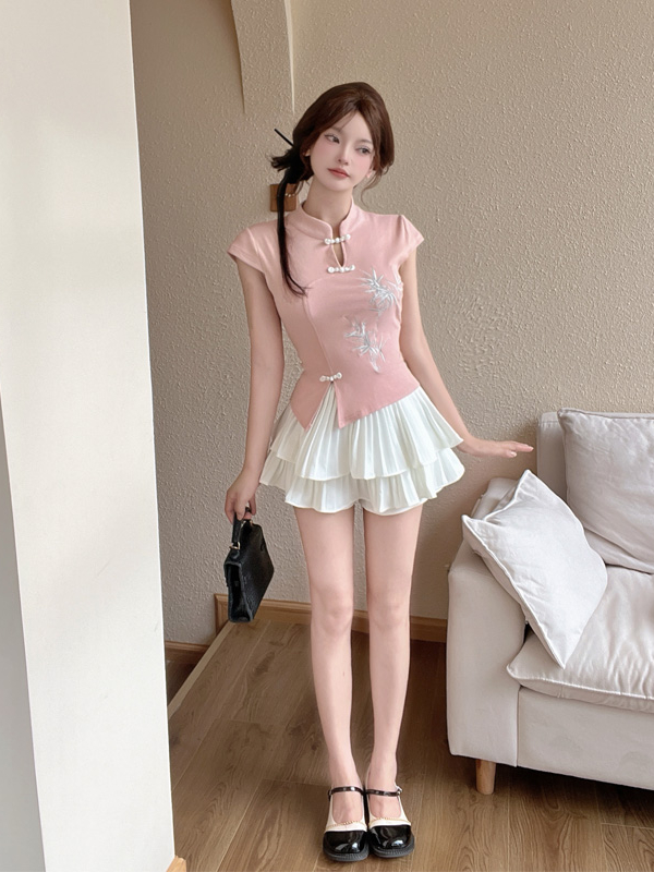 New Chinese Style Embroidered National Style Button Top Design Slimming Pleated Skirt Age-Reducing Workwear Two-Piece Set