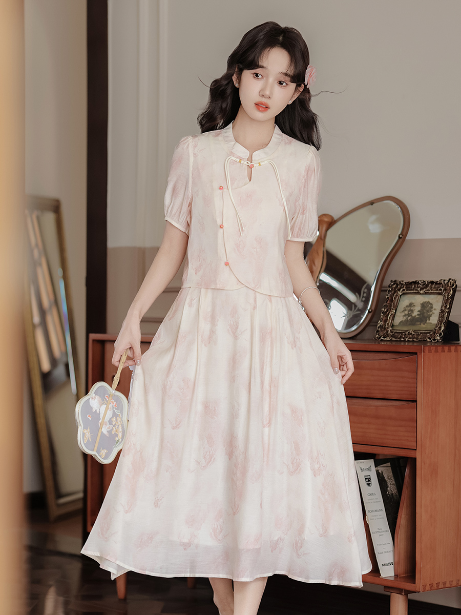 Pink Jade New Chinese Style Suit 2024 Summer New National Style Buckle Shirt A- line Skirt 40 in Stock