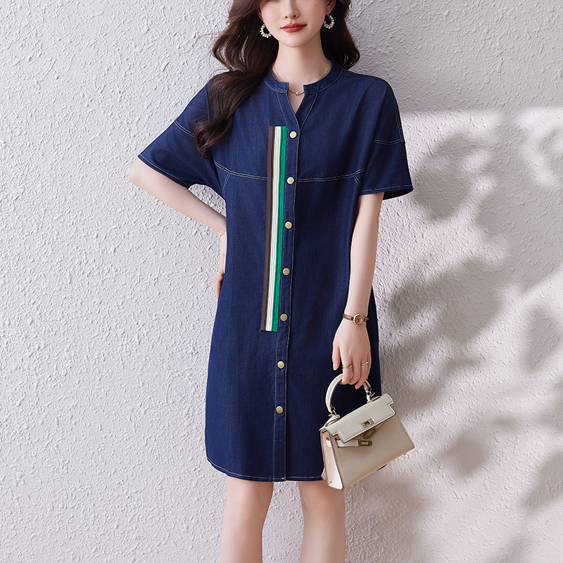 Real Shot Spot 2024 New Fashion V-neck Denim Dress Women's Summer Casual A- line Dress Cool Feeling Large-Sized Skirt