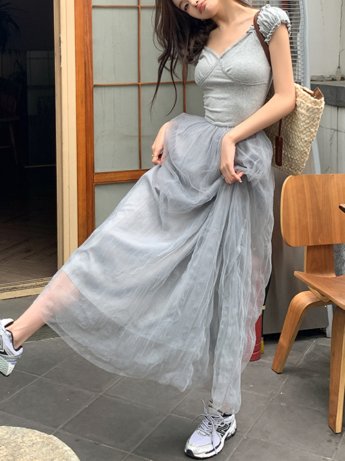 V-Neck Tulle and Mesh Dress法式气质V领拼接纱裙*2Colors