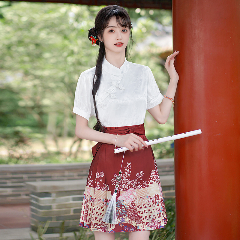 Real Shot Spot New Chinese Style Jacquard Shirt Short Horse-Face Skirt Improved Hanfu Pleated Skirt Two-Piece Suit