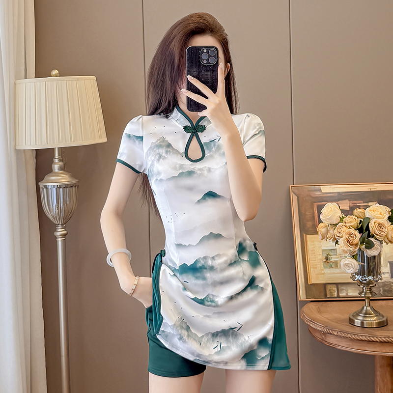 Real Shot New Chinese Style Ink Color Fashion Two-Piece Improved Cheongsam Dress Shorts Set Skirt