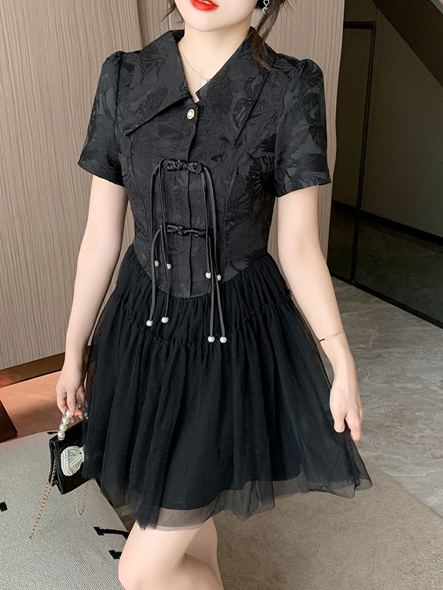 盘扣旗袍连衣裙 Jacquard Patchwork Pearl New Chinese Style Improved Cheongsam Fashion Mesh Puffy Dress